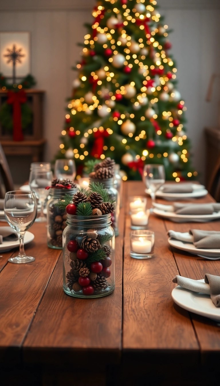 25 Easy Christmas DIY Decor Ideas That’ll Spark Your Holiday Spirit! - 1. Rustic Mason Jar Centerpieces